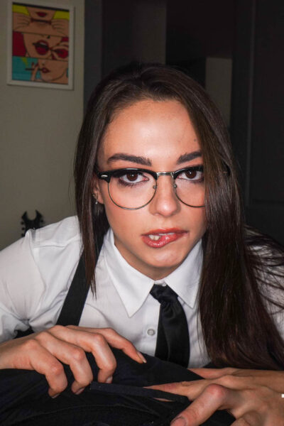 Brunette teen in glasses Sophia Burns strips and gives a blowjob for a facial Image #5