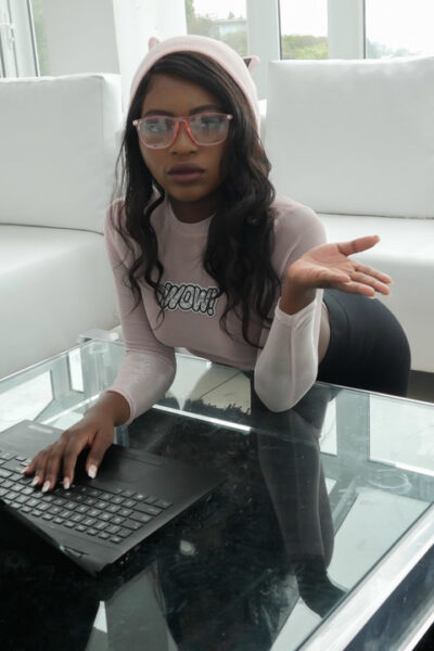 Hot young ebony Noemie Bilas sucks cock & rides wearing glasses in hot POV sex Image #1