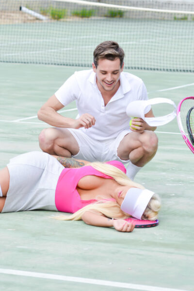 Chubby tennis instructor Brandi Bae shows big tits on the court, gets big cock Image #9