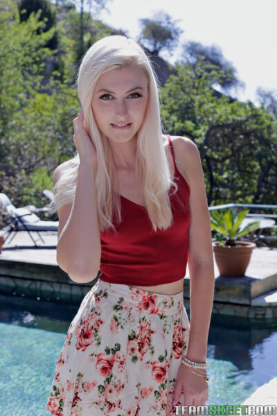 Pale blonde teen Alexa Grace flaunts tanned petite ass outdoors & spreads lips Image #2