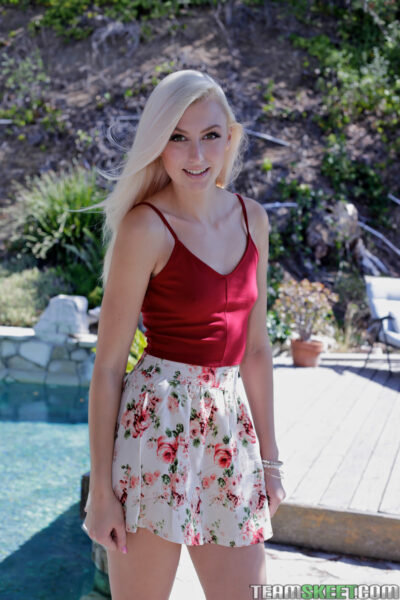 Pale blonde teen Alexa Grace flaunts tanned petite ass outdoors & spreads lips Image #6