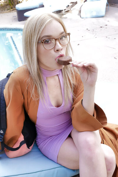 College blonde Katie Kush kneels for blowjob & catches cum on her big glasses Image #17