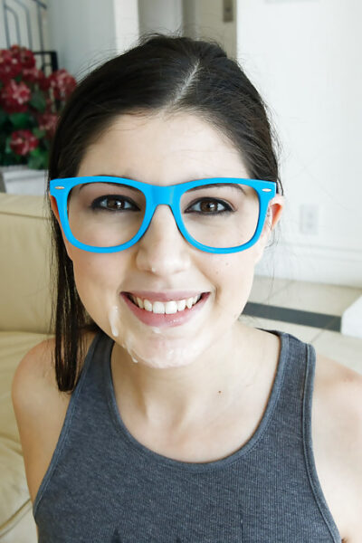 Cute brunette schoolgirl Miranda Miller giving a CFNM blowjob in glasses Image #14