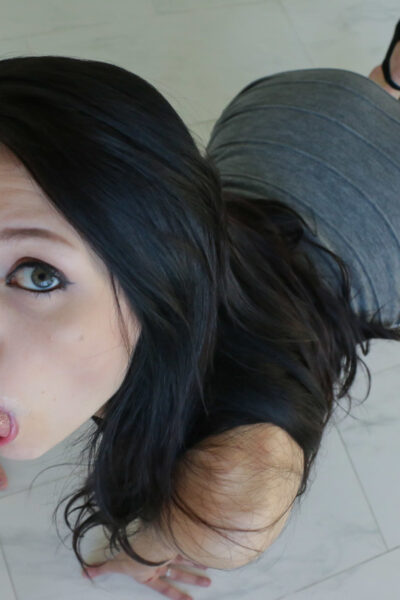 Appealing petite Megan Sage in min skirt & thong slowly sucks cock in POV Image #12