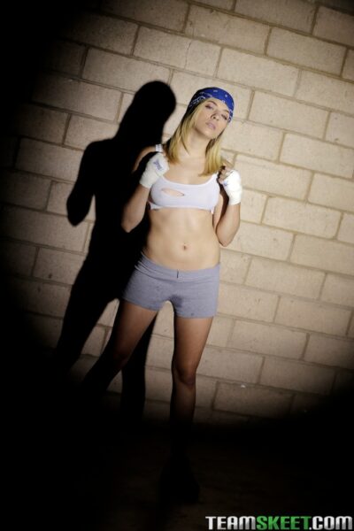 Skinny blonde teen La Lor unveils her tiny tits & spreads after a hard workout Image #3
