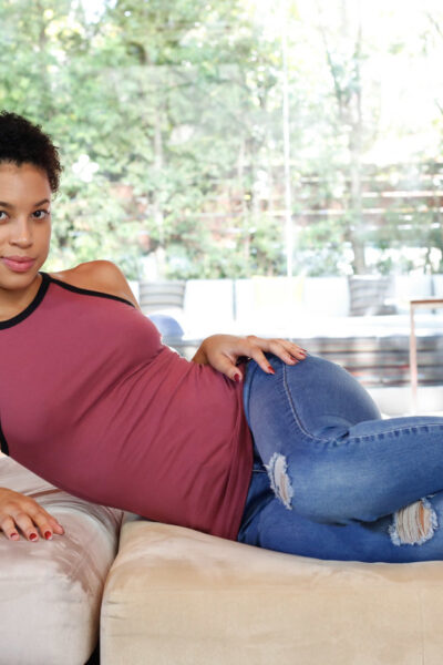 Slender ebony teen Amethyst Banks doffs jeans for ball sucking & cowgirl bang Image #1
