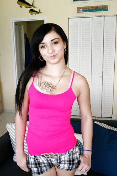Horny teenage brunette Mandy Sky uncovering her tempting curves Image #1