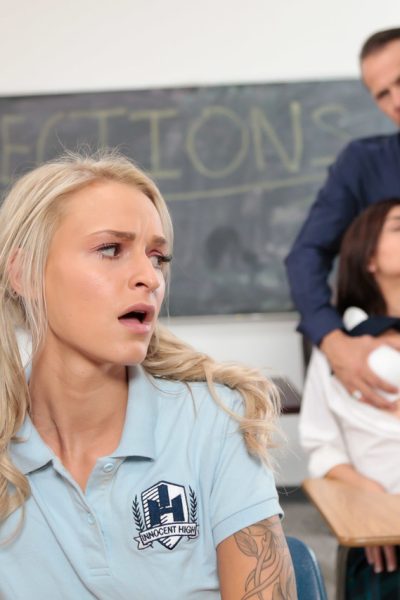 Slutty schoolgirls Audrey Royal & Emma Hix give blowjob & fuck teacher on desk Image #17